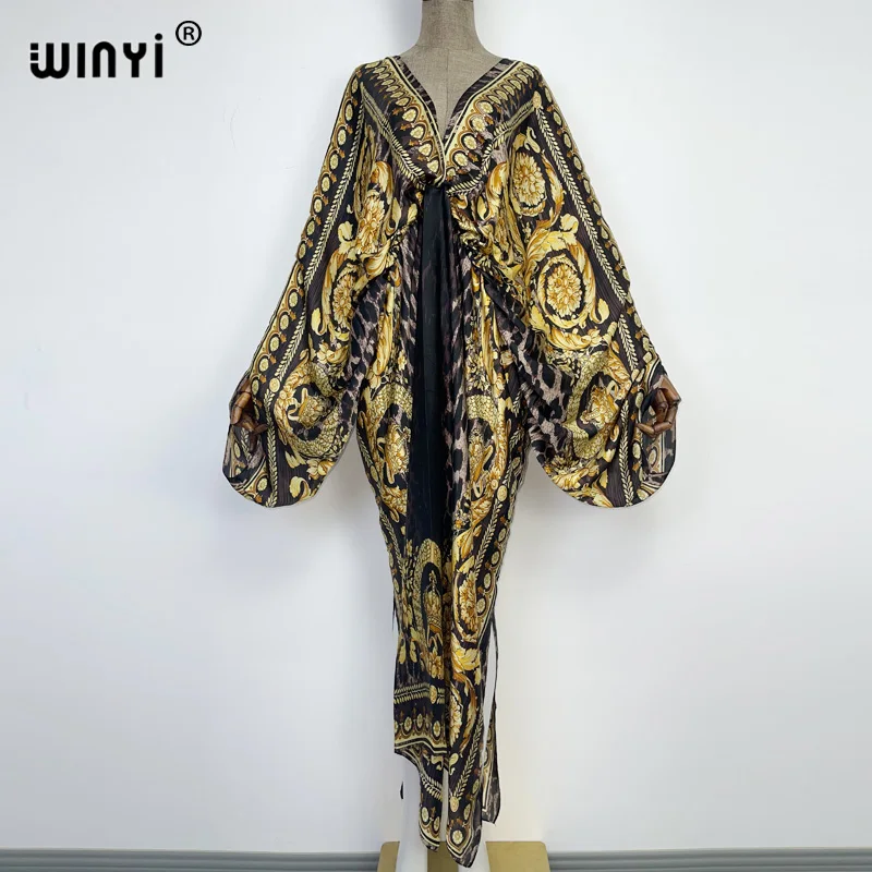 Seksowny kaftan plażowy kaftan w dotyku jedwabny sztuczny jedwab modny nadruk 2021 WINYI Maxi szaty damskie długa sukienka z dekoltem w serek