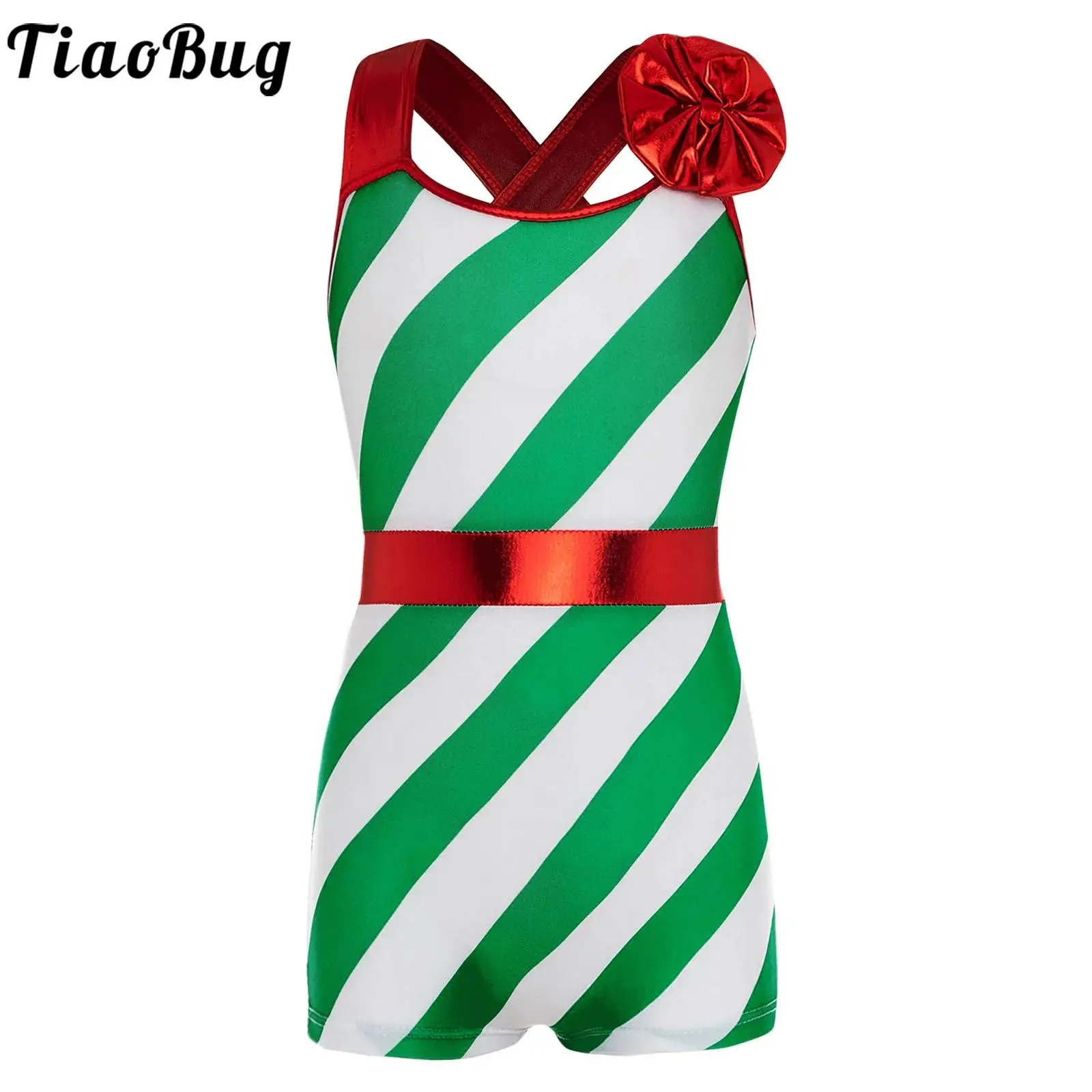 Kids Girls Dance Leotard Christmas Dancewear Candy Cane Stripe Printed Tanks Unitards Jumpsuit Festival Performance Outfits