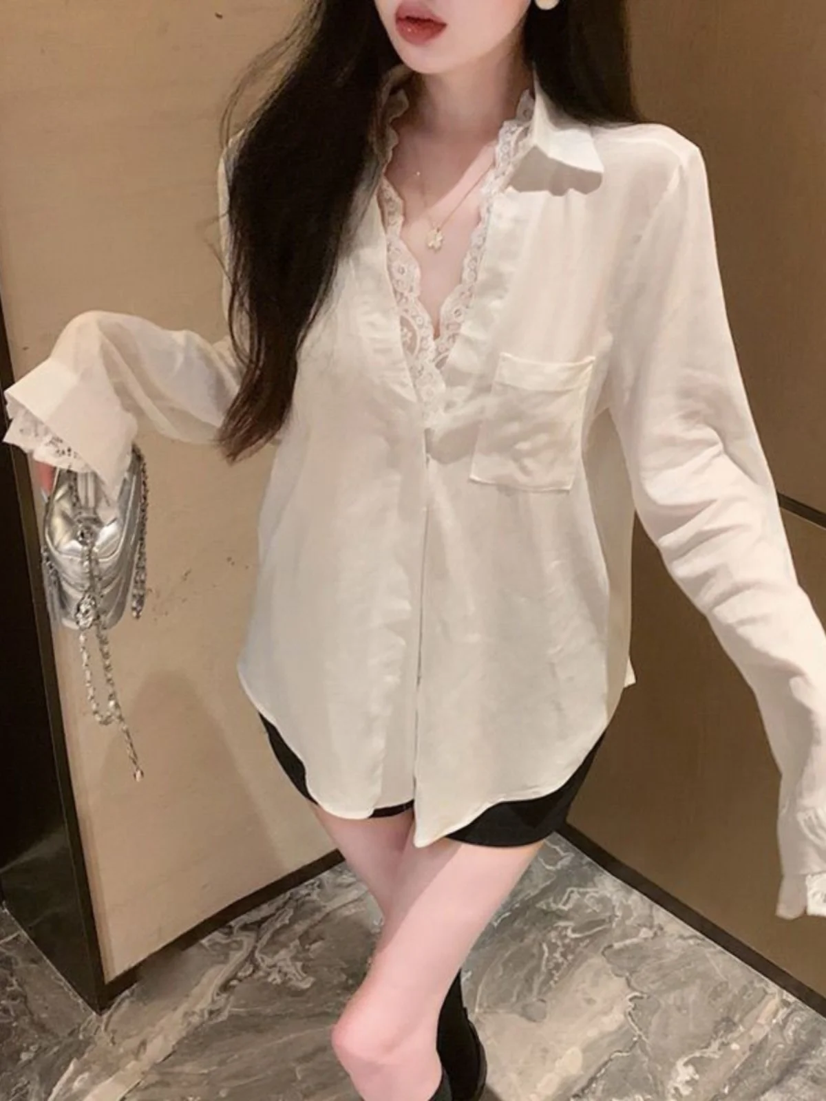 

Ele Summer Lace Sun Protection irt Fake Two-Piece Cotton Linen Women's Long Sve White irt Commute Sle Straight Cut