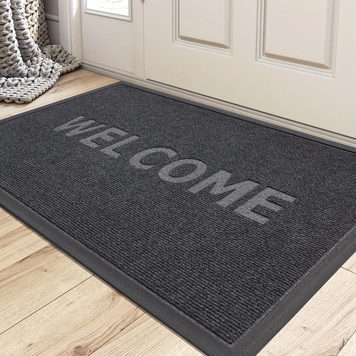 Tapis en flanelle avec texte de bienvenue simple, antidérapant, absorbant, moderne, pour la porte d'entrée, le couloir, la salle de bain, la décoration de la maison, 50x80cm