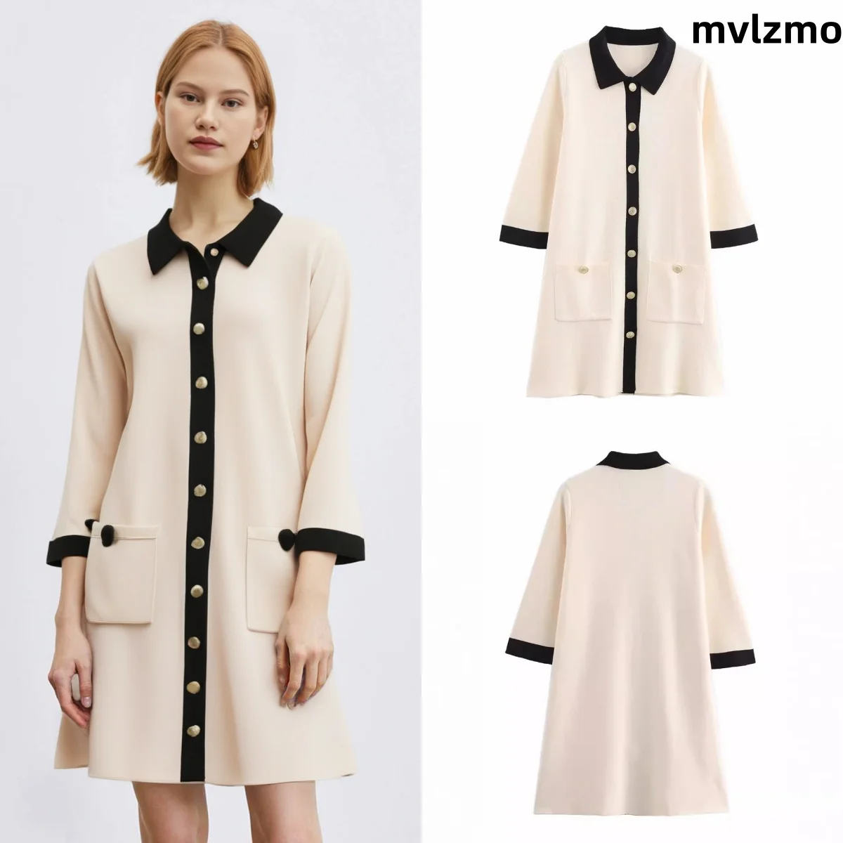 

Autumn New Elegant Lapel Knit Long Dress Women Button Pocket Slim Dress Fashion Office Ladies Street Maxi Robe