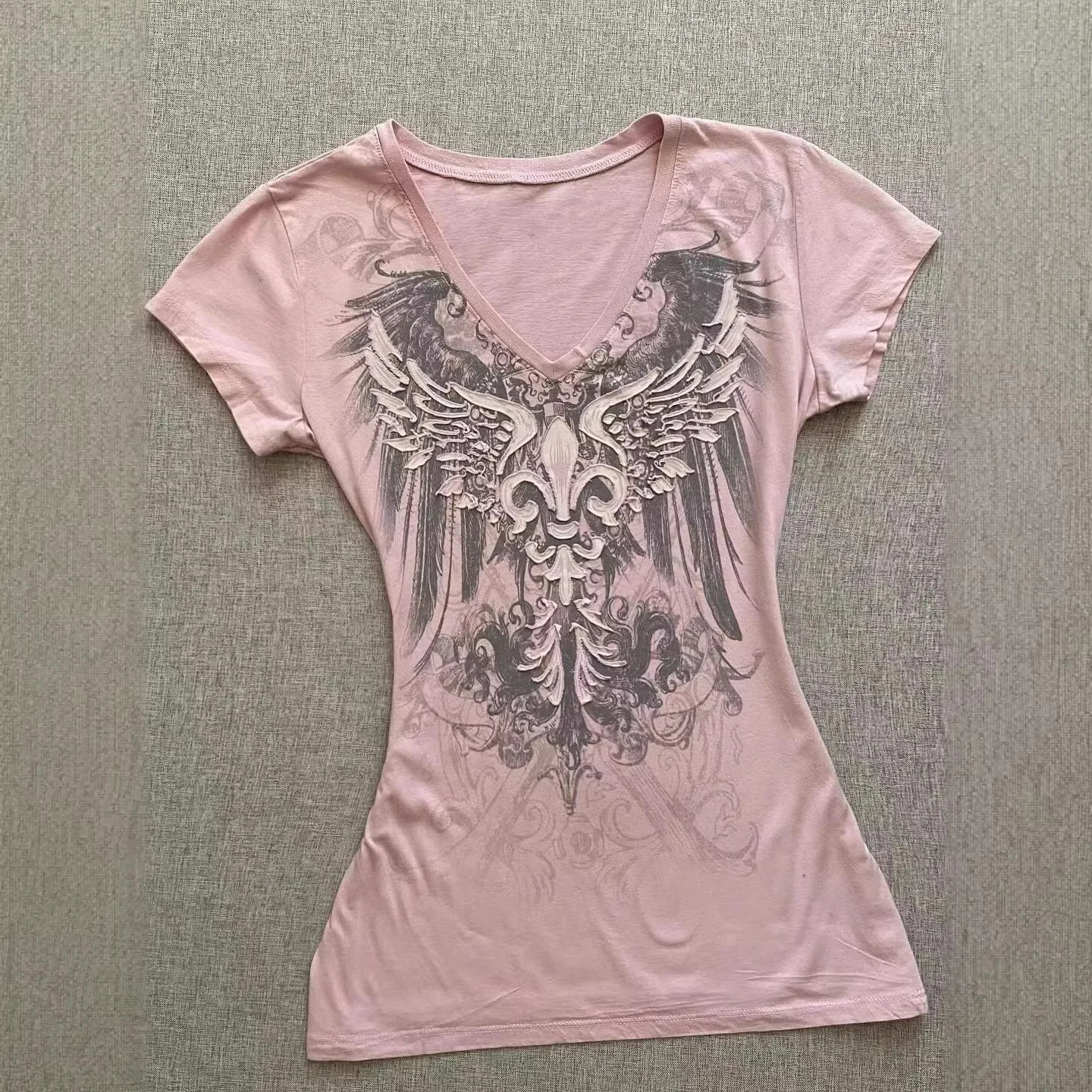 Vintage Printing Pink V Neck Short Sleeve T-Shirt For Women Summer Slim Fit Waist Cinching Top