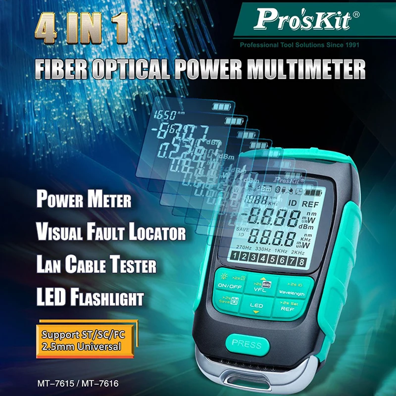 

Pro'sKit 4in1 Fiber Optical Power Multimeter 30mW Output Self Calibration 500 Data Storage Optical Power Meter Electric Tester