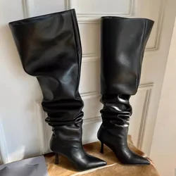 2024 Style Fashion Pointed Toe Boots Pleated Over-the-Knee Boots Womenās Wide Cowboy Boots for Women