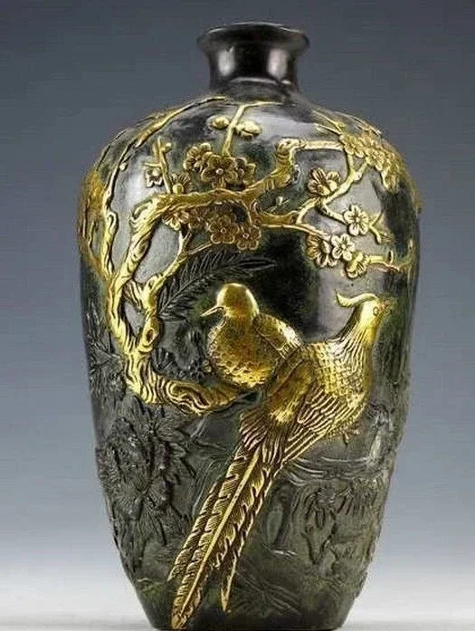 Chinese Vintage Collection Bronze Statues Gold-plating Flower Bird Vase 20cm