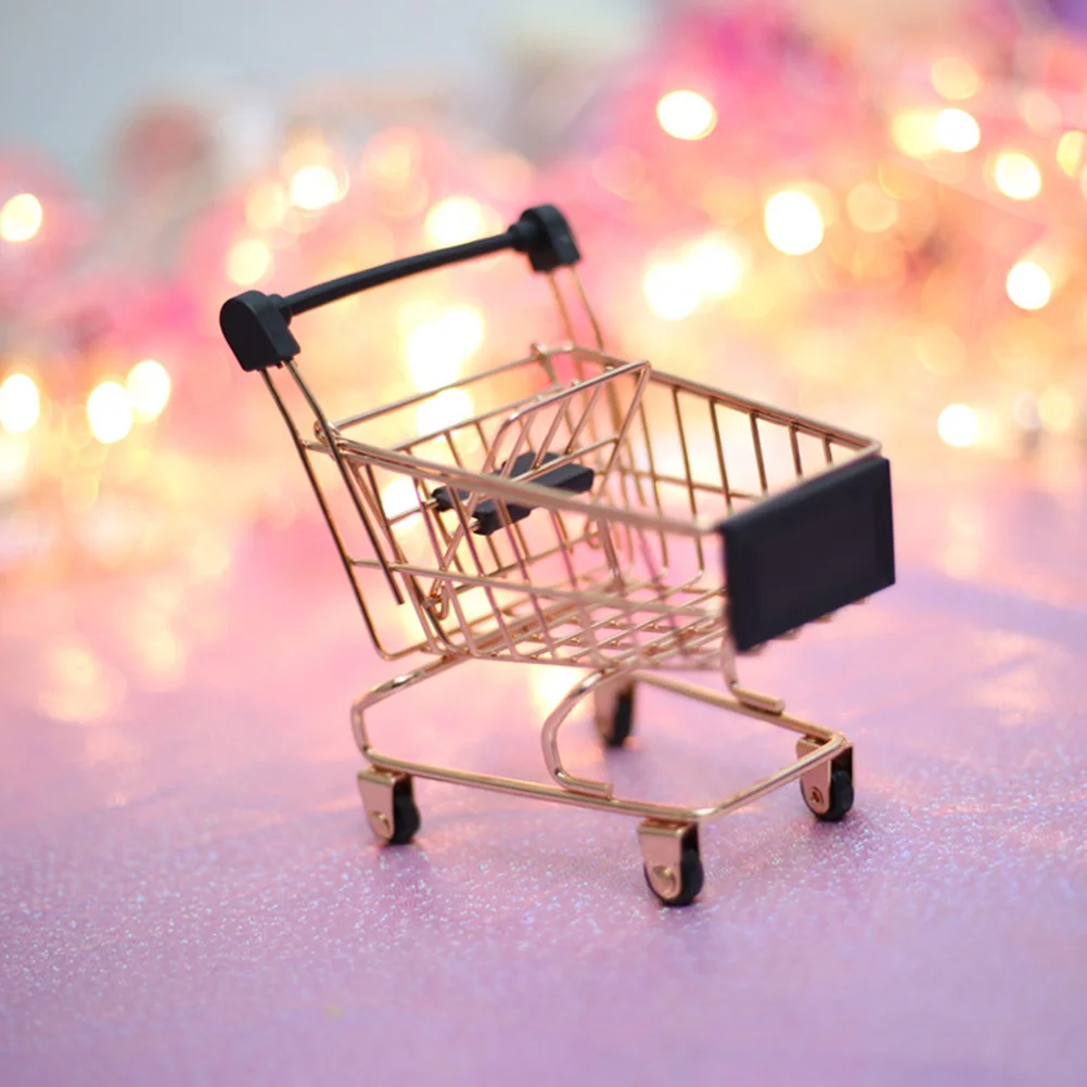 Toy Shopping Cart Mini Decor House Trolley Ornaments Kids Play Golden Miniature Plaything