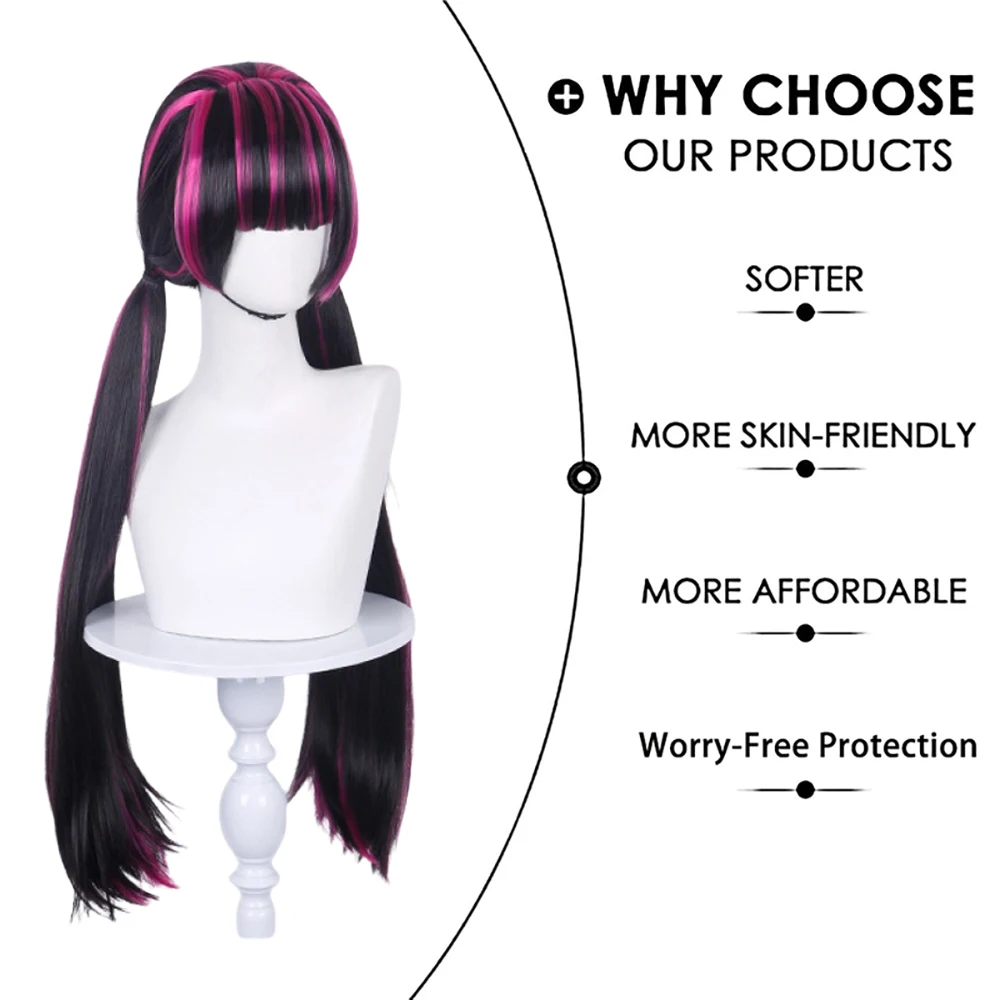 Halloween Draculaura Cosplay Wig Black Pink Highlights Long Pigtail Wig For Women Carnival Party Heat Resistant Synthetic Hair
