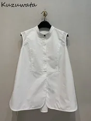 Kuzuwata Casual All-match Stand Collar Sleeveless Tops Loose Soft Patchwork Solid Fresh Blusas Japan Sweet Cotton Ruched Shirts