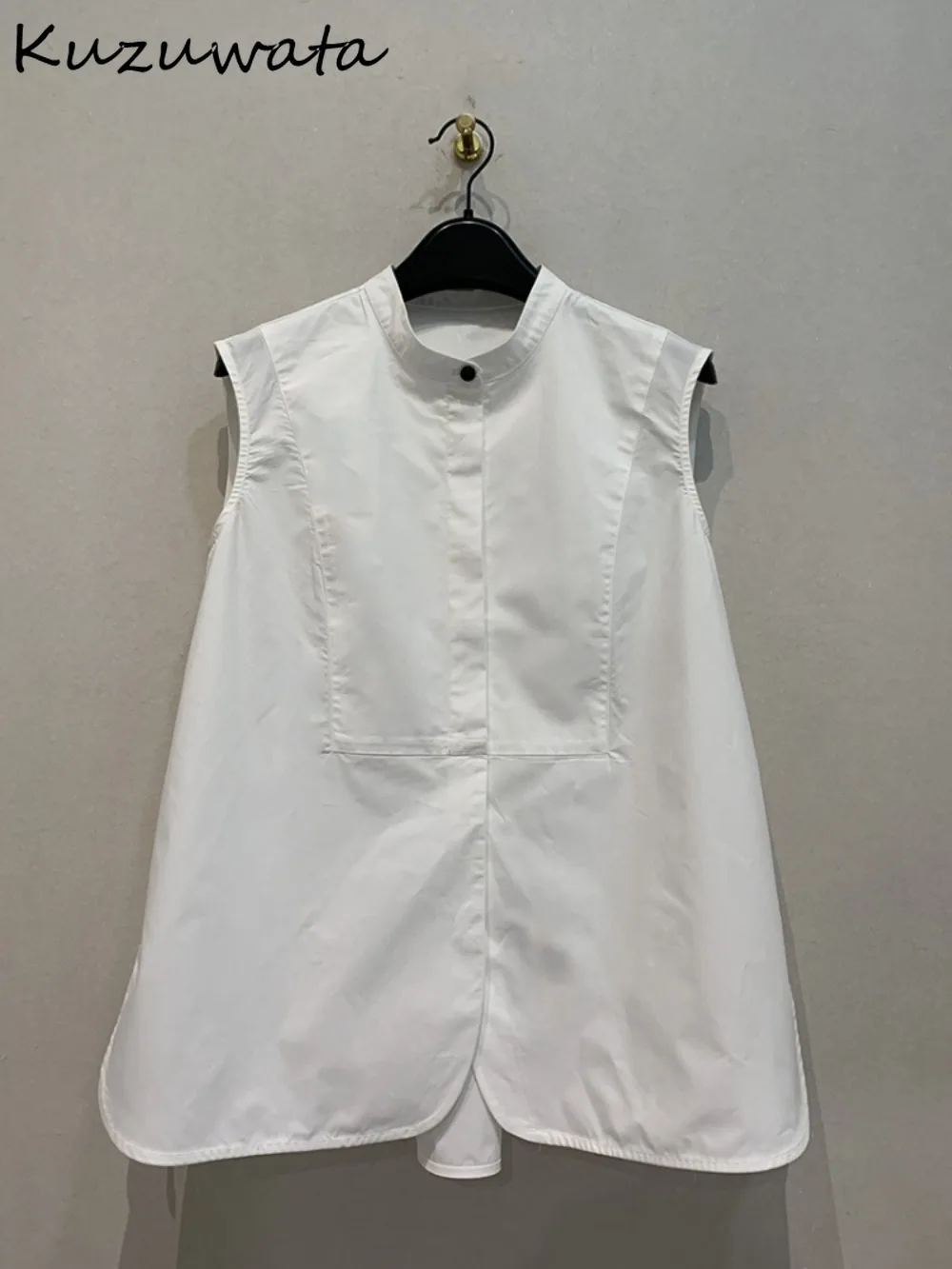 Kuzuwata Casual All-match Stand Collar Sleeveless Tops Loose Soft Patchwork Solid Fresh Blusas Japan Sweet Cotton Ruched Shirts