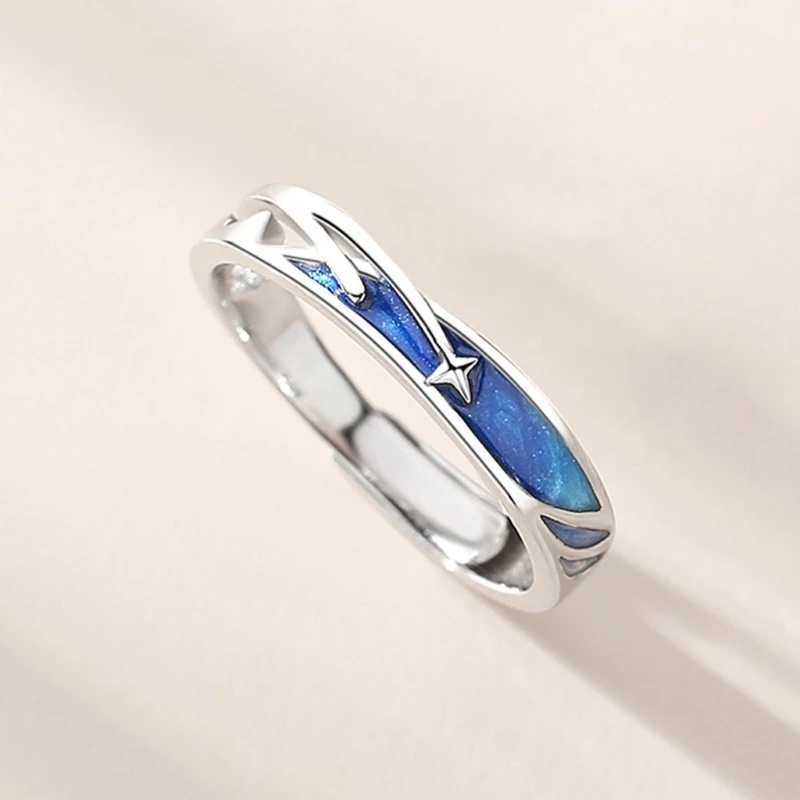 2pieces Lovers Rings Set Adjustable Sea Blue Meteoric Star Couples Rings Band Matching Set for Him and Her Daily Wear