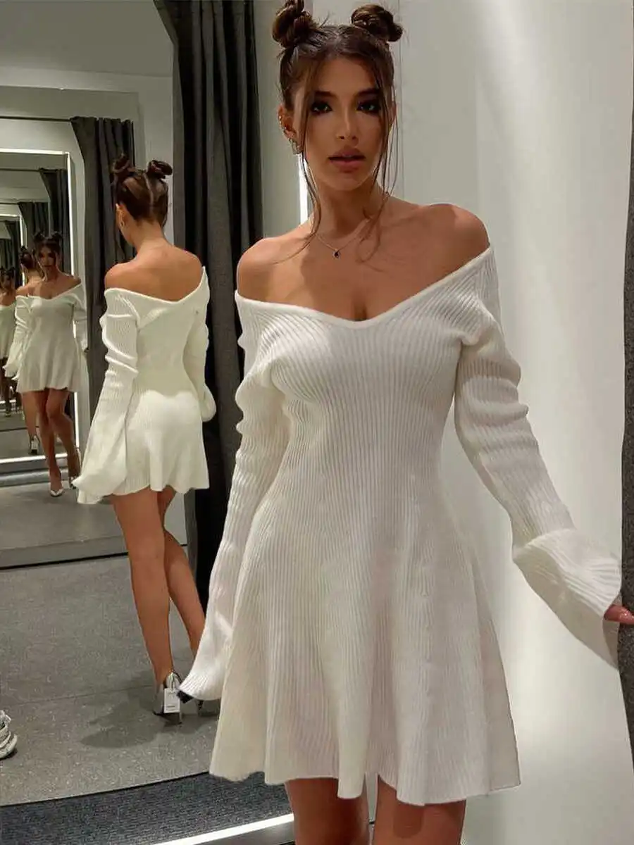 

Sexy Knitted Stretch Dr Women V-Ne Long Sve High Waist A-Line ort Skirt oulder Bared Elastic Knit Dr for All S...