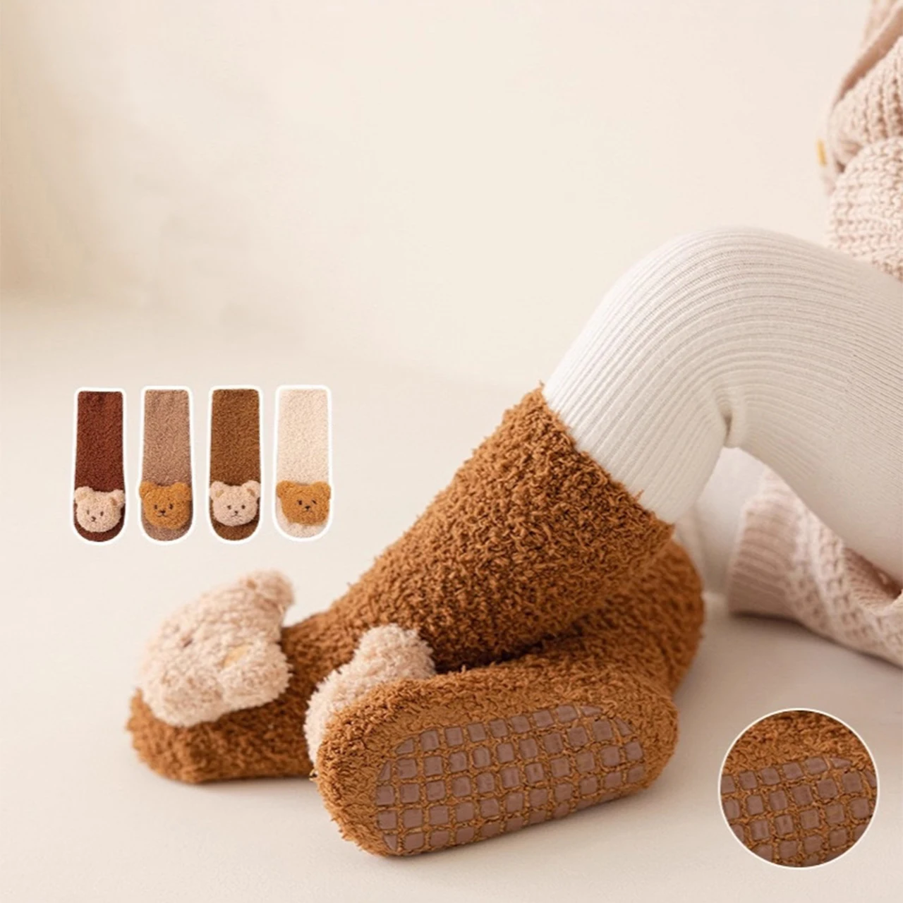 Plush Bear Baby Doll Socks Mid-Tube Anti slip Floor Sock Cute Cartoon Kids Warm Socks Winter Newborn Walking Footwear 0-1Year