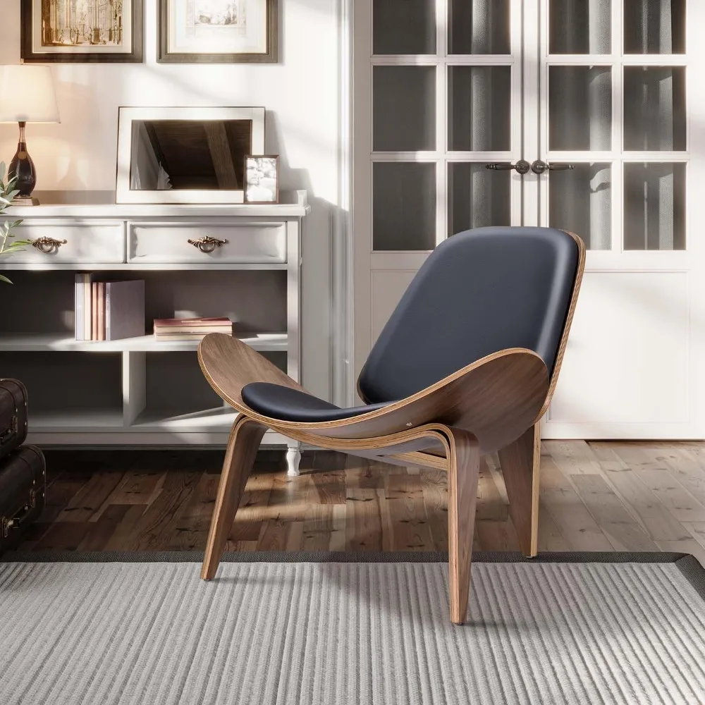 كرسي صالة حديث لمنتصف القرن، جلد PU، كراسي من الخشب الرقائقي ثلاثي القوائم بتصميم كلاسيكي من الخشب الصلب لغرفة المعيشة #4