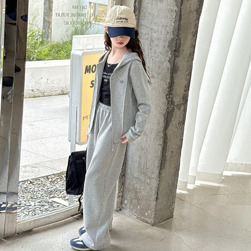 Sweatshirt Set Sporty Style Grils Children Autumn New Fashionable Korean Fashionable Solid Simple Long Sleeves Comfortable