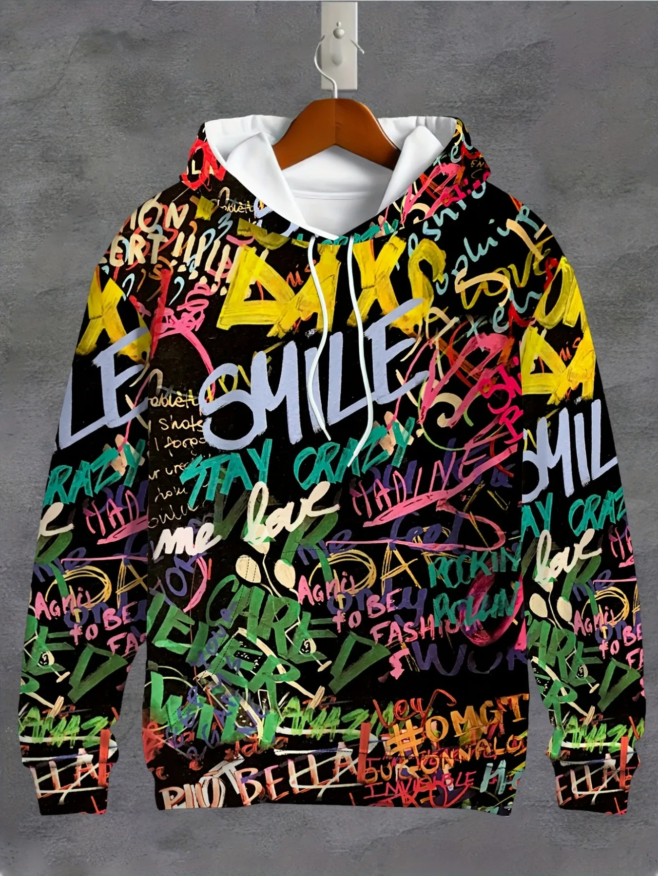 Mens Solid Black Hoodie Overlapping Hand Drawn Street Text Mixed Color Full Over Print Urban Daily Casual Sweat Top