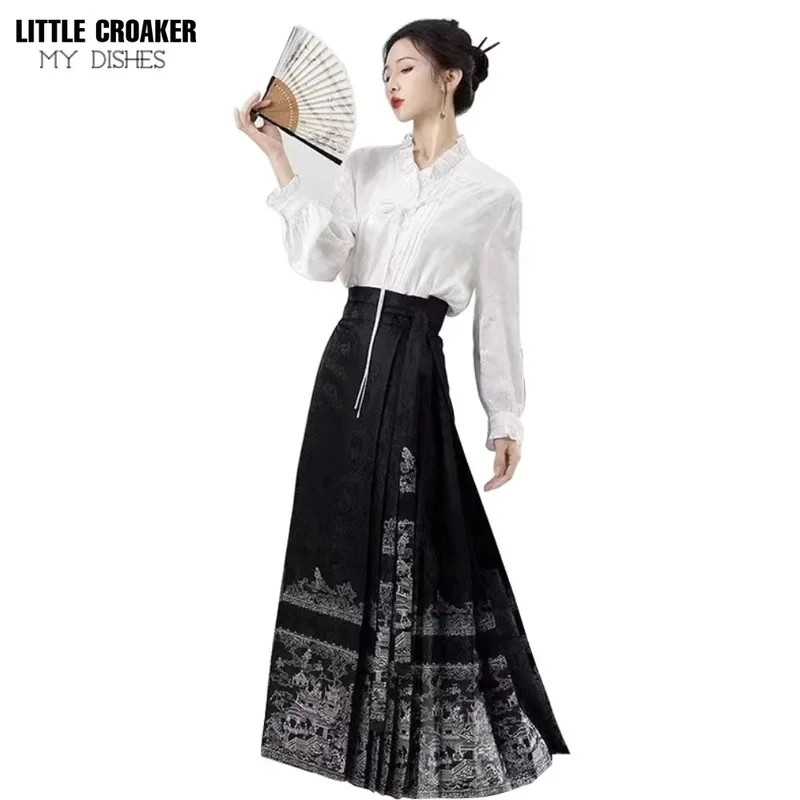 Retro Chinese Improved Ancient Hanfu Style Ma Mian Skirt Loose Shirt Long dress two pieces Set for women daily hanfu Dress