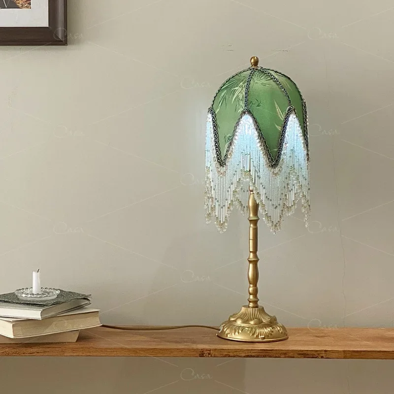 Francês retro borlas tecido arte candeeiro de mesa nordic cabeceira quarto sala estudo decoração luz atmosfera led e27