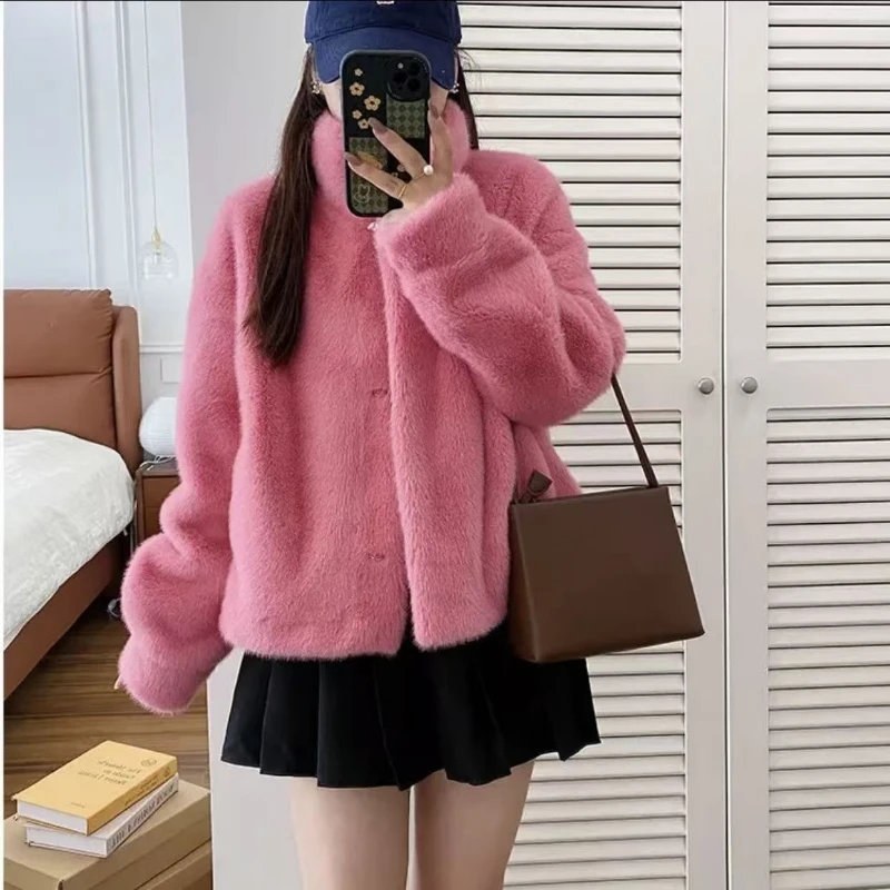 Luxo high-end falso pele de vison jaqueta inverno quente chique casaco de pele feminino bolso manga longa cardigan macio roupas femininas tendência