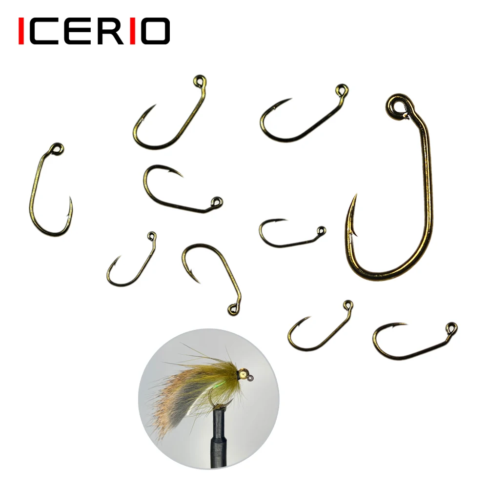 ICERIO 50pcs 10# 12# 14# 16# 60 Degree Angle Barbed Fly Tying Jig Hook Bronzed Coated For Jig Nymph Wet Fly Trout Fishing Lures