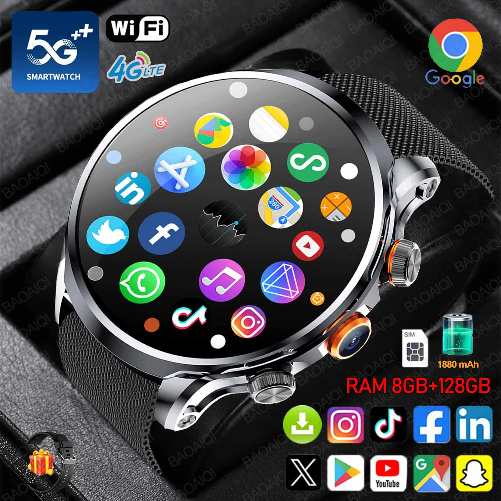 Jam Tangan Pintar 5G/4G 1.95 Inci AMOLED 8GB + 128GB RAM Kamera 800W GPS WIFI Aplikasi Google Unduh Jam Tangan Pintar Denyut Jantung Baterai 1880Mah
