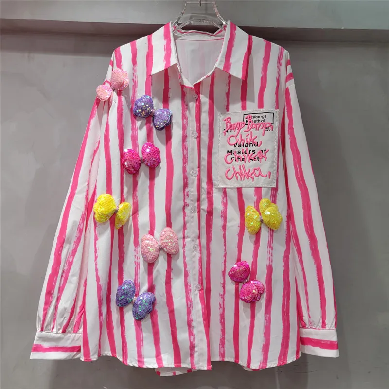 Embroidery Letter Pink Striped Shirt Women 2024 Autumn New Loose 3d Bow Decorative Long Sleeve Shirt Polo Neck Sweet Top