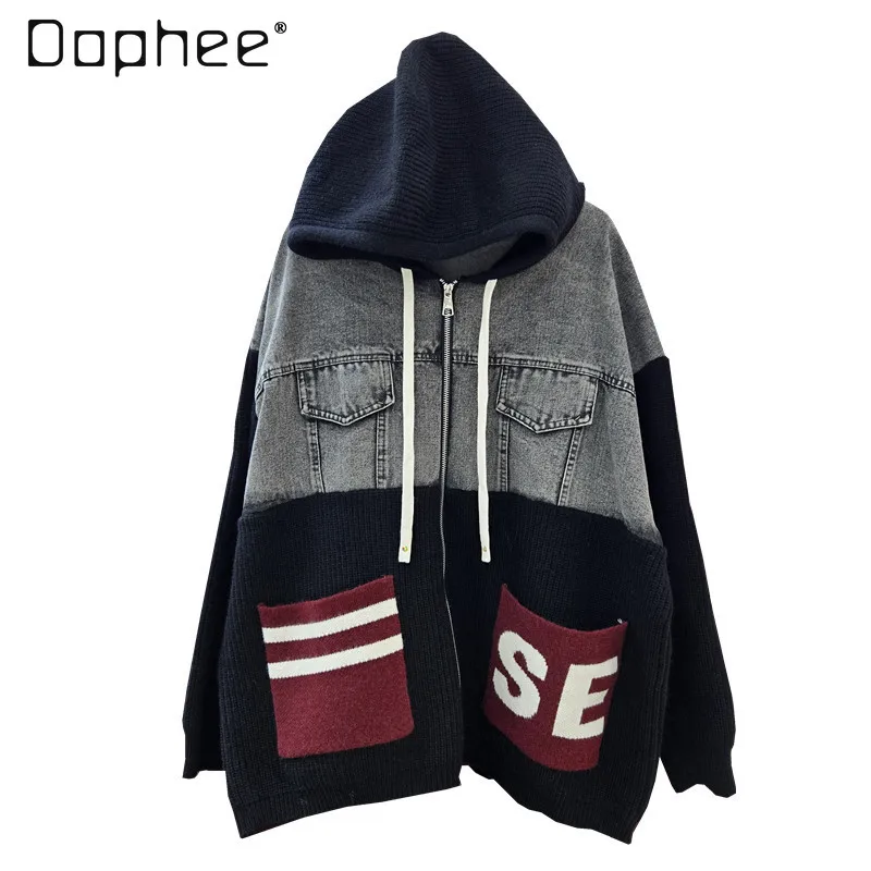 

2025 Autumn New Loose Hooded Patchwork Letter Color Block Denim Knit Jacket Women's Trendy Letter Jacquard Winter Clothes