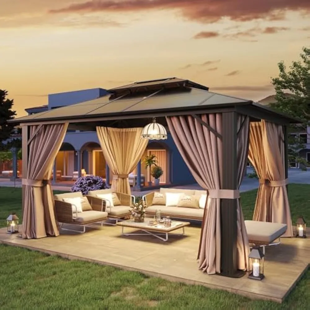 10'x12' Hardtop Gazebo, Aluminum Frame Permanent Pavilion with Curtains and Netting, Outdoor Polycarbonate Gazebo, Double Canopy