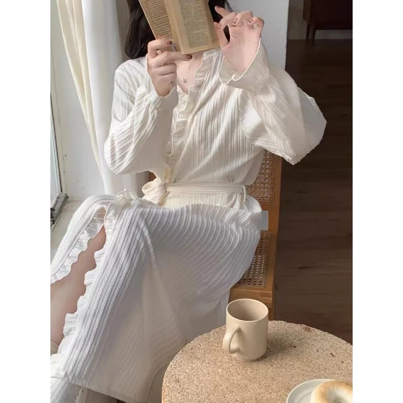 Sweet Nightgown 2024 Women Autumn V-neck Sleepwear Lace-up Solid Color Bathrobe Long Dressing Gown Falbala Homewear Loose Pajama