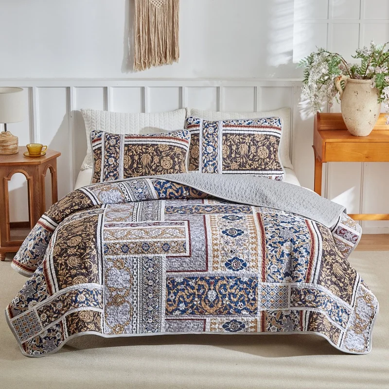New Quilted Bedspread Set,Soft Microfiber Thick Bed Cover+Pillowcase European Geometric Patchwork Mattress Topper Bed Sheet King