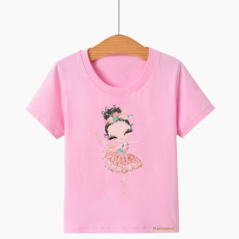 Kawaii girls t-shirts swan ballerina dance girls graphic print children's clothing tshirts summer girls pink short-sleeved tops