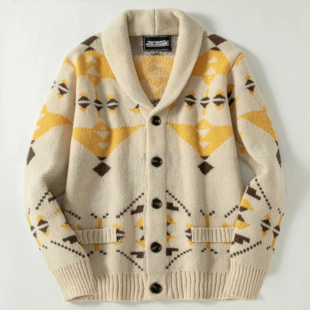 Men's Vintage Geometric Knit Cardigan Sweater Oversized Shawl Collar Button Up Casual Streetwear Autumn Winter