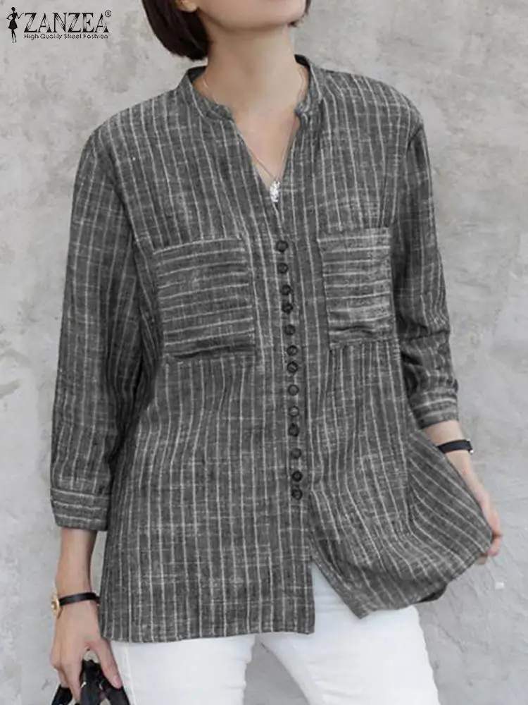 ZANZEA Summer Vintage Striped Shirt Women V Neck 3/4 Sleeve Blouse Fashion Casual Buttons Work Blusas Loose Party Tops Tunic