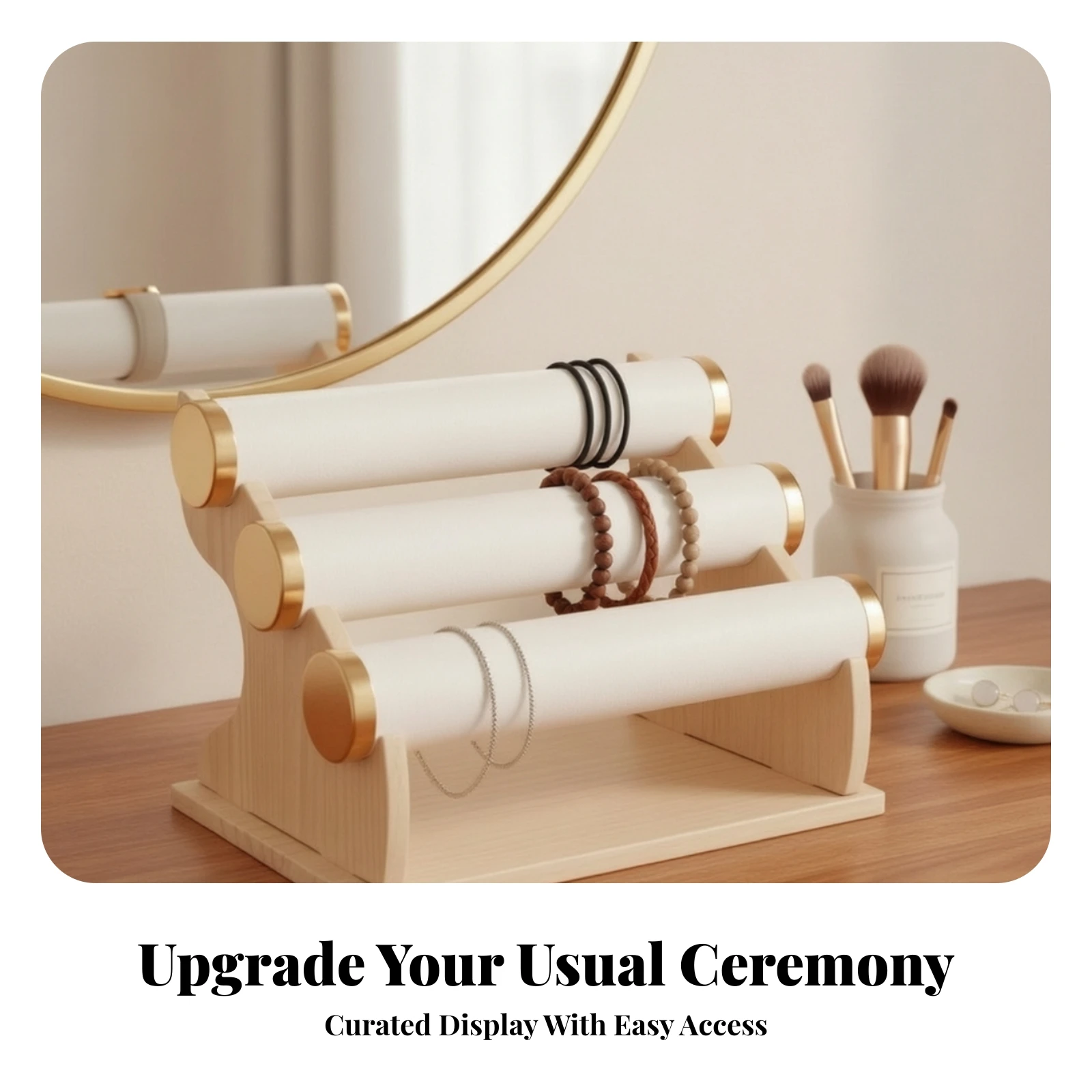 Detachable Jewelry Display Rack with Wooden Frame Easy Access Three-Tier Jewelry Display Rack Bracelet Holder Space-Saving Metal