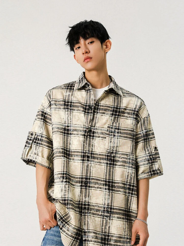 

Retro Japanese Plaid Shirt Men's Short Sleeve Summer Trend Loose Dyed Top Youthful Handsome Checkered Outerwear Jacket