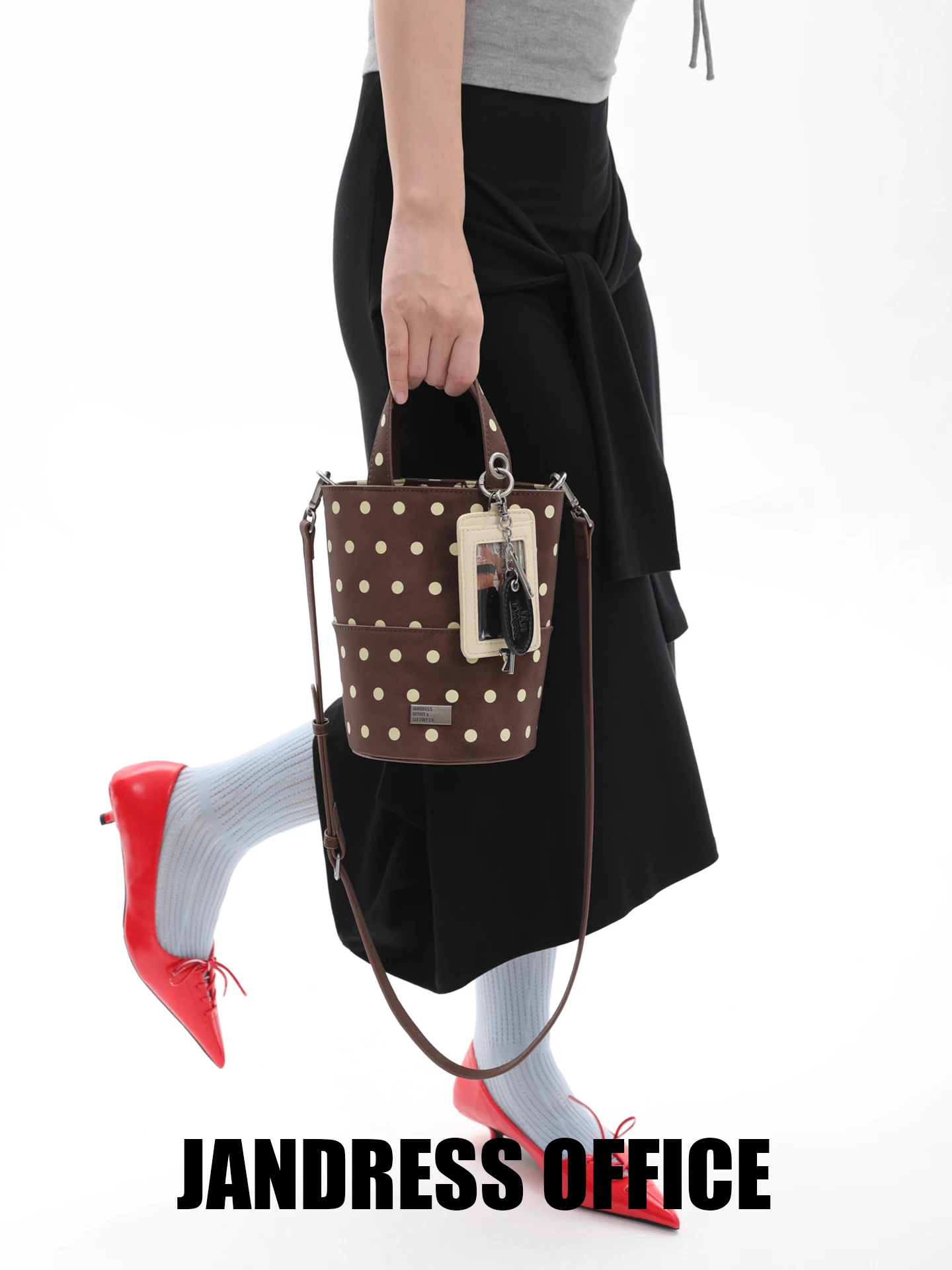 Brown Polka Dot Original Design Bucket Handbag Women's Crossbody Bag with Pendant Daily Use Magnetic Buckle Closure PU Leather