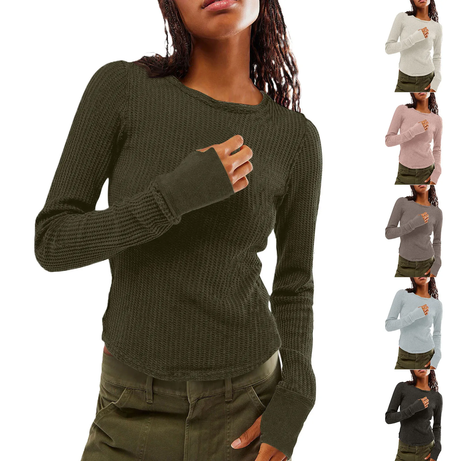 Women'S Solid Bottom Shirt Round Neck T-Shirt Slim Fitting Long Sleeved Waffle Pullover Tops Female Streetwear Casual Base Tees