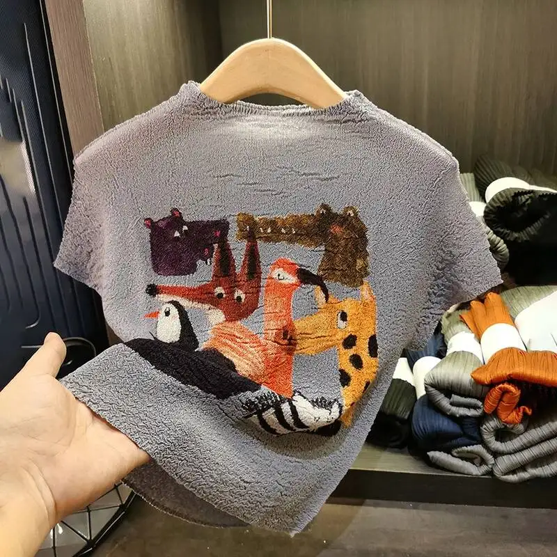 

New Grey Summer Chic Stand Collar Cartoon Print Women's T-Shirt Lightweight Simple Elastic Slimming Pleated Top 2N6JT