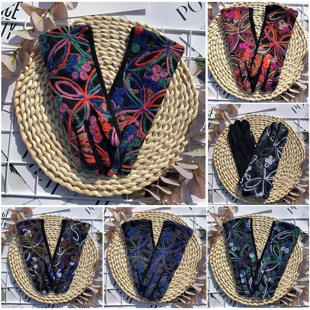 العرقية نمط المطرزة قفازات دافئة شاشة تعمل باللمس نمط ملون في الهواء الطلق قفازات ركوب الدراجات كامل فنجر رشاقته النساء القفازات #3