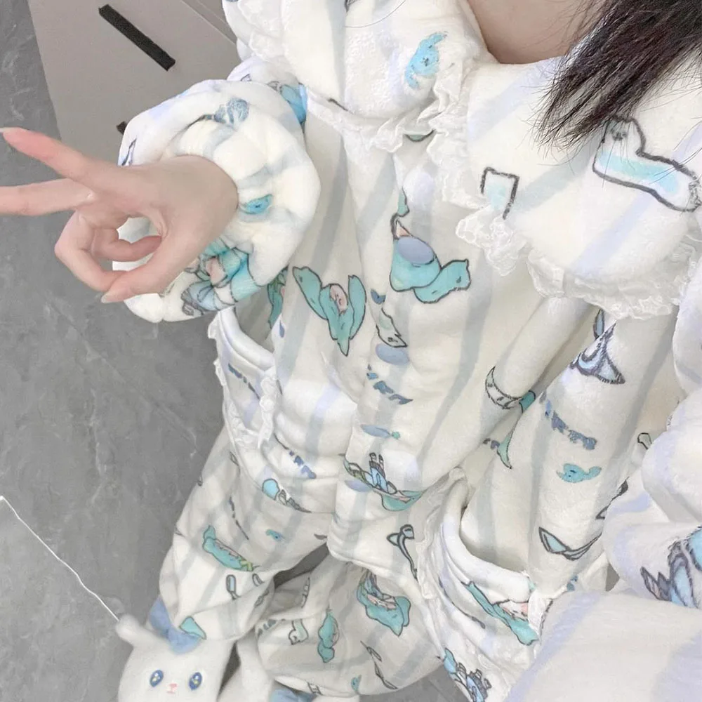 Cute Hatsune Miku Anime Striped Plush Pajamas for Ladie White Blue Lace Trim Pocket Sleep Set Soft Thick Coral Fleece Loose Suit