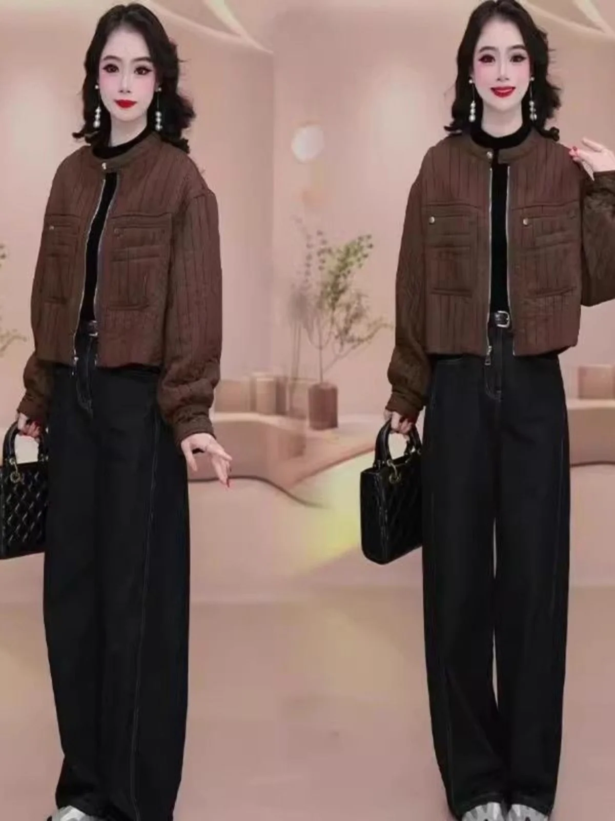 

ort Cotton Jaet Women's Sli Slimming Casual Versatile Warmth Commute Korean Sle Straight Cut Long Sve Zipper