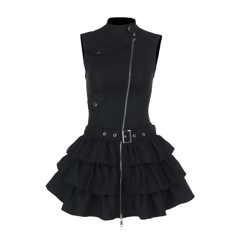 Goth Black Zipper A-Line Tank Dress with Belt Y2K Punk High Collar Sleeveless Bodycon Mini Dress Streetwear Fashion Women Dress