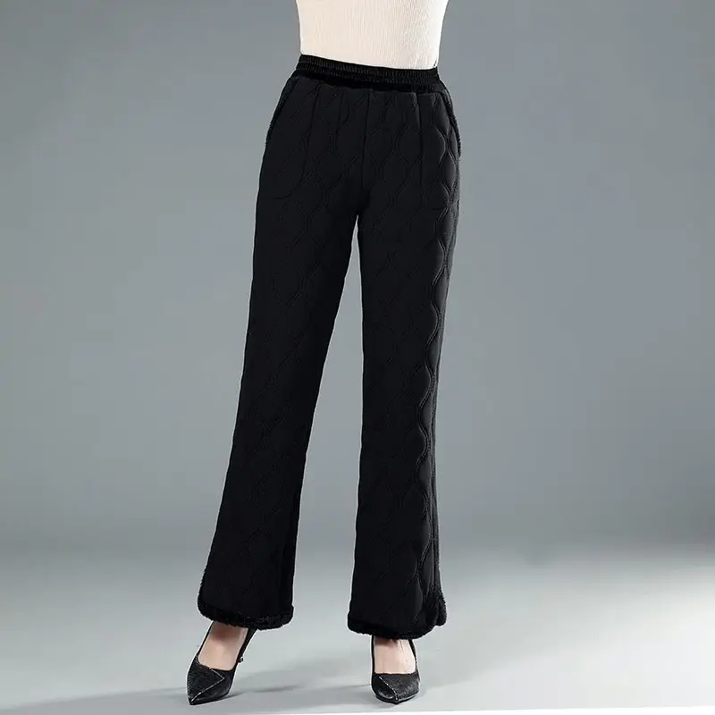 Women Elastic Waist Quilted Flare Pants Fleece Lined Warm Loose Casual Winter Trousers