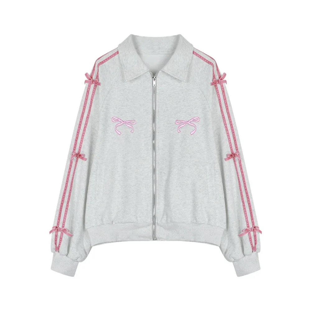 

Fashion Lapel Collar Long Sleeved Hooded Y2k Sweet Korean Ins Embroidered Bow Jacket Loose Clothing Sweatshirts for Women Women