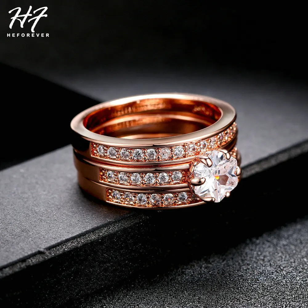 Classic 3 Round Engagement Ring Set for Women Rose Gold Color Jewelry Made with Genuine Austria Crystals Sizes HotSale R059