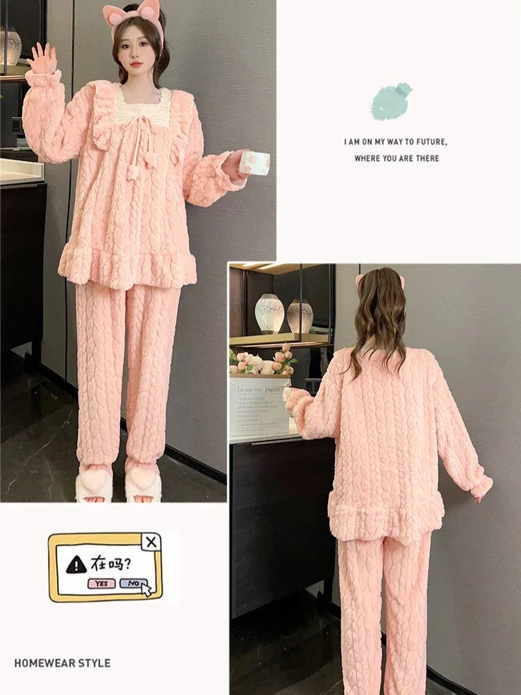 Oversized Thickened Flannel Pajamas Women Winter Warm Long-Sleeved Sweet Homewear Plus Size School Loungewear Loose Plush Suit