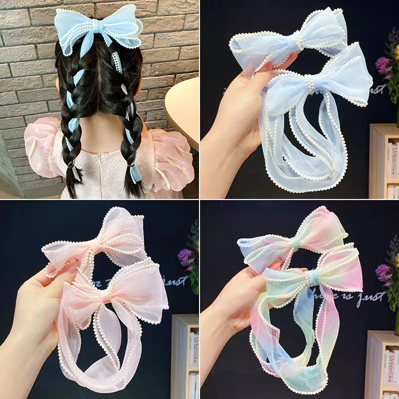 4PCS Pearl Bows Ribbon Hairpins Children Hair Accessories Girls Braided Hair Clips Sweet Princess Hairpins Kids Headwear