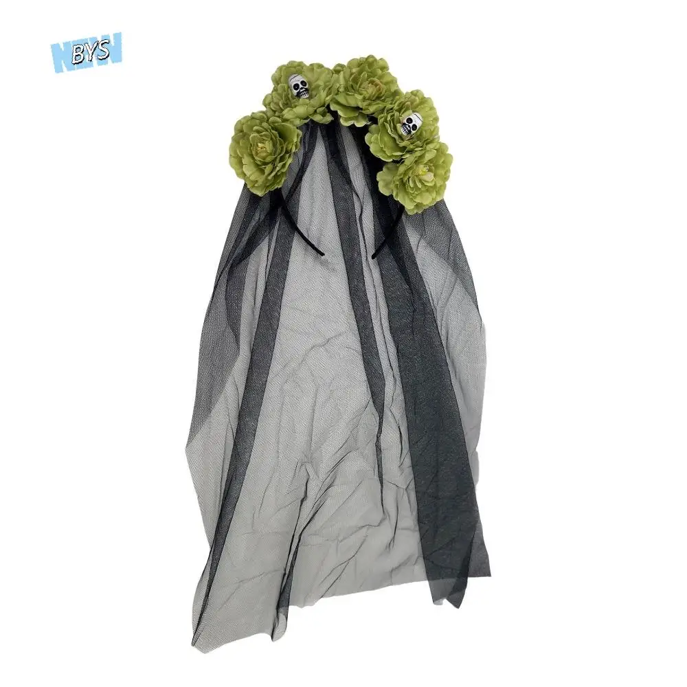 

Long Ribbon Veil Halloween Hair Band Girls Day of The Dead Black Veil Flowers Headdress Floral Red Rose Gothic Head Hoop Costume
