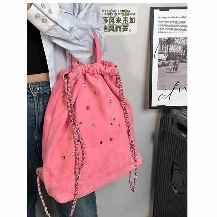 Bloom Vintage Drawstring Backpack Women Hot Girls Beading Chic Casual Backpacks Ladies Haruku Schoolbag Y2k