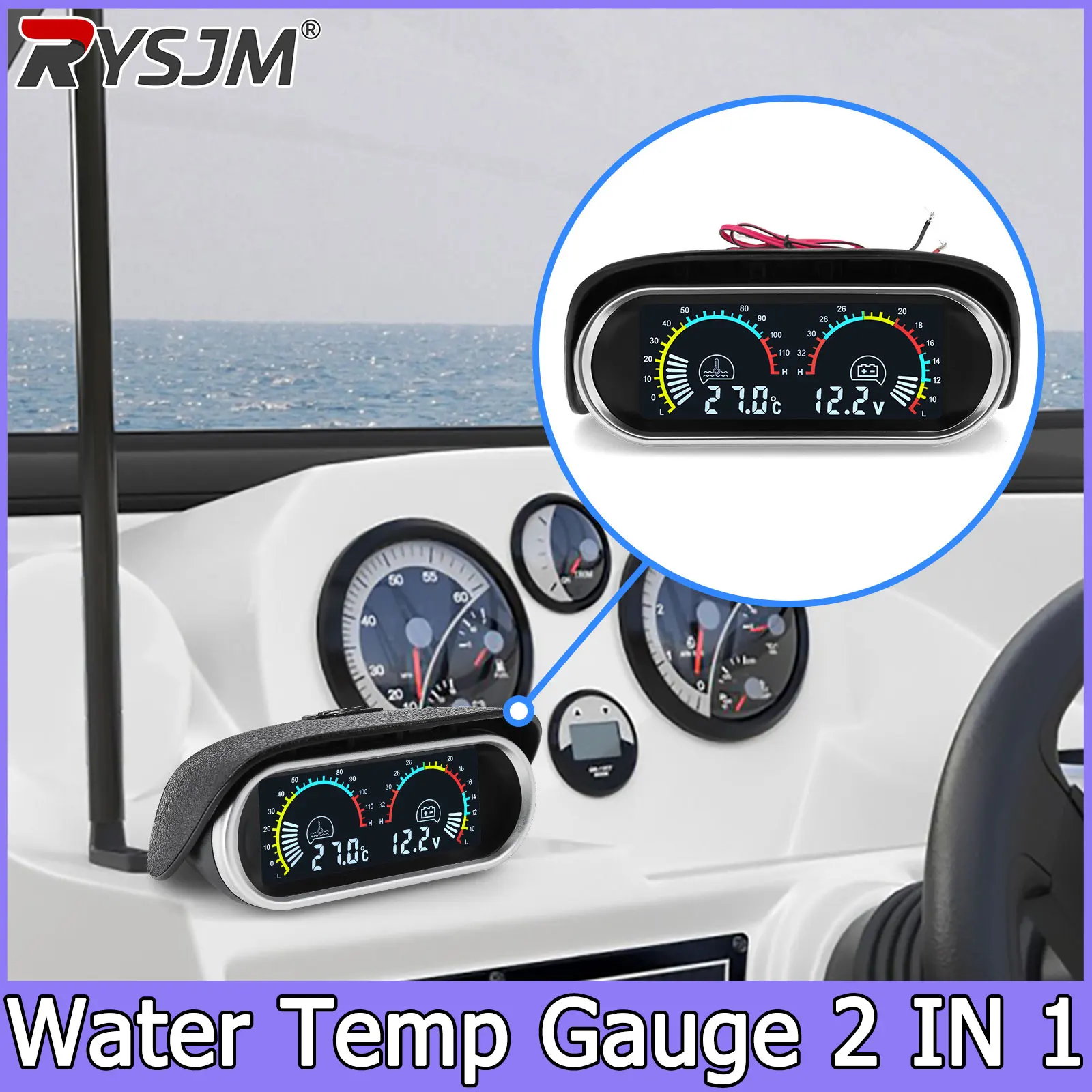 2 in 1 LCD Gauge 12V/24V for Car Truck Water Temperature + Voltmeter with 1/8 NPT Temp Sensor Auto Water Temp Meter