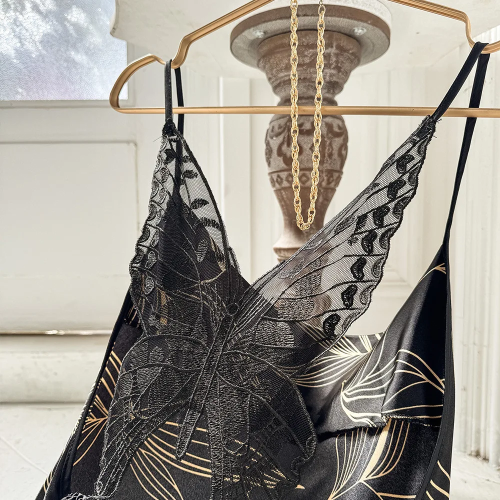 Spring Summer Imitation Silk Backless Nightdress Sexy Lace Butterfly Decoration Simple Suspender Home Dress Medium Sexy view 3